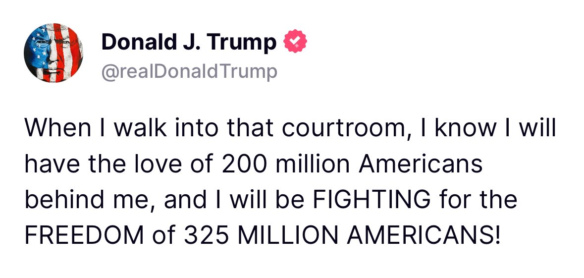 Post from Donald Trump before heading into court to face his first criminal trial