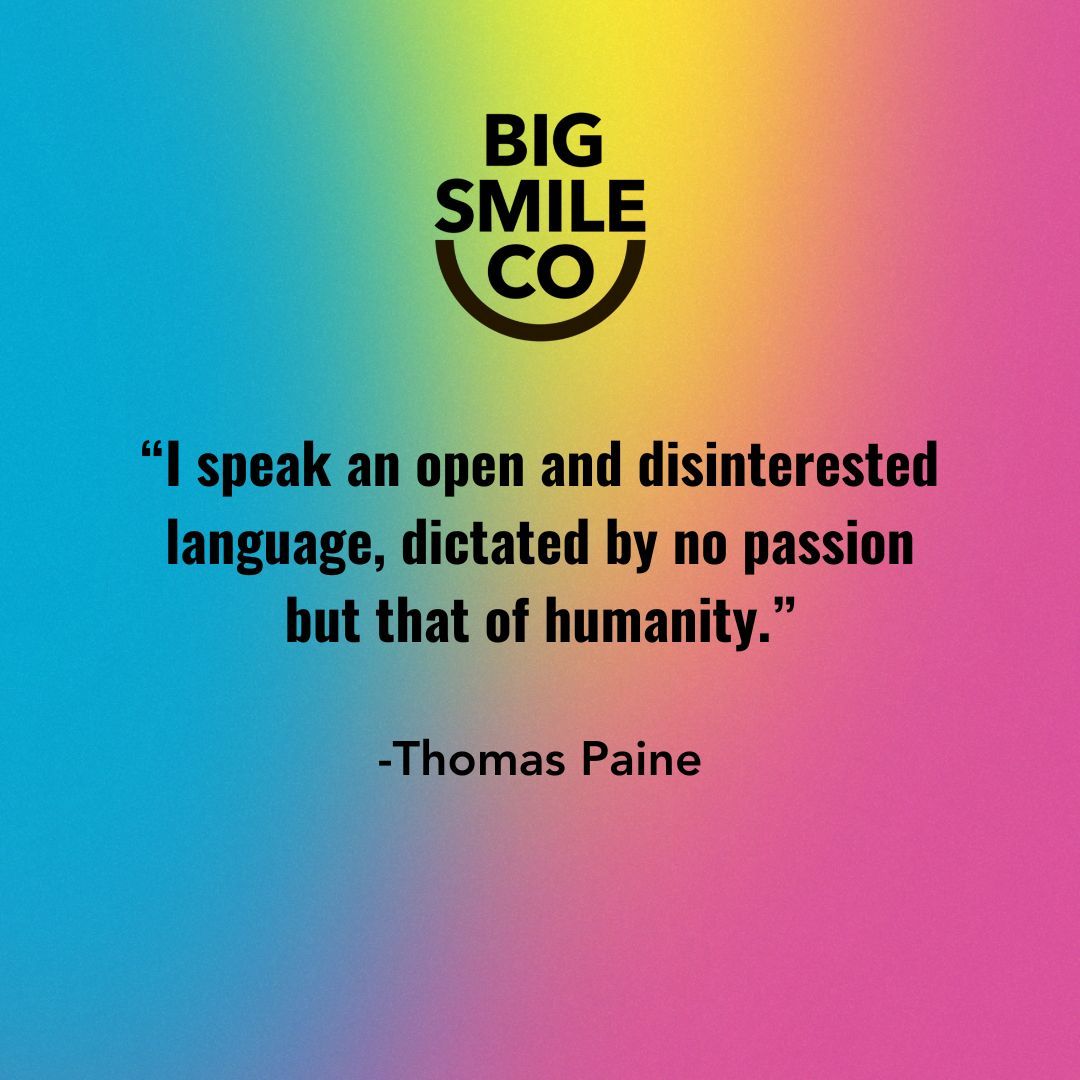 Big_Smile_Co's tweet photo. "I speak an open and disinterested language, dictated by no passion but that of humanity." - Thomas Paine 

Join Big Smile Co to spread positivity and compassion with an unbiased and impartial approach. Let's inspire change together! #EmpathyWins #MotivationMonday https://t.co/oonJGXy6ZN