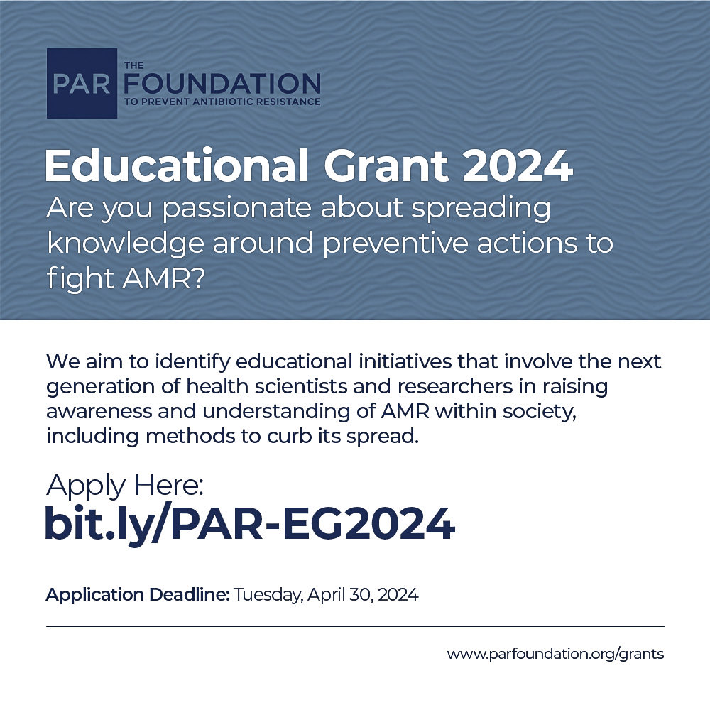 This might be the right time for you to turn your impactful #AMR educational or research project into reality. Check out @ResResistance 2024 grant opportunity and apply before April 30. Education: opencalls.parfoundation.org/jobs/3771384-e… Research: opencalls.parfoundation.org/jobs/3759301-r… Good luck 😊