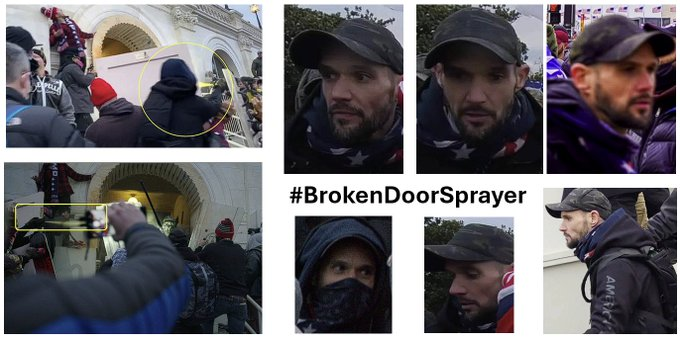 He used a door taken from the office next to the tunnel as a shield while he sprayed officers with a chemical. #DoYouKnow this man. #BrokenDoorSprayer Please contact the FBI at fbi.tips.gov or contact us at admin@seditionhunters.org @FBI #NoBOLO