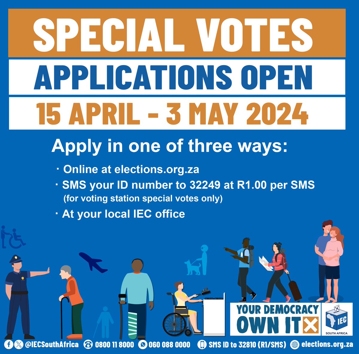 🟧Special Vote applications open! If infirm, disabled, pregnant, or unable to vote on election day, apply now. #SAelection24. 🔹 Apply online: bit.ly/4aqp637 🔹 SMS ID to 32249 (Voting station only) 🔹 Apply at local IEC office during business hours.