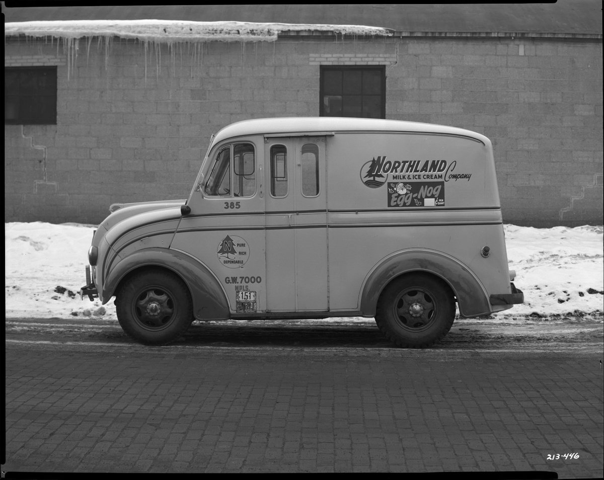 Got milk? Despite the unruly Minnesota weather, milkmen still found their way around to delivering fresh milk to their customers. Check out this photograph from 1952 of the Northland Milk & Ice Cream Company truck.
