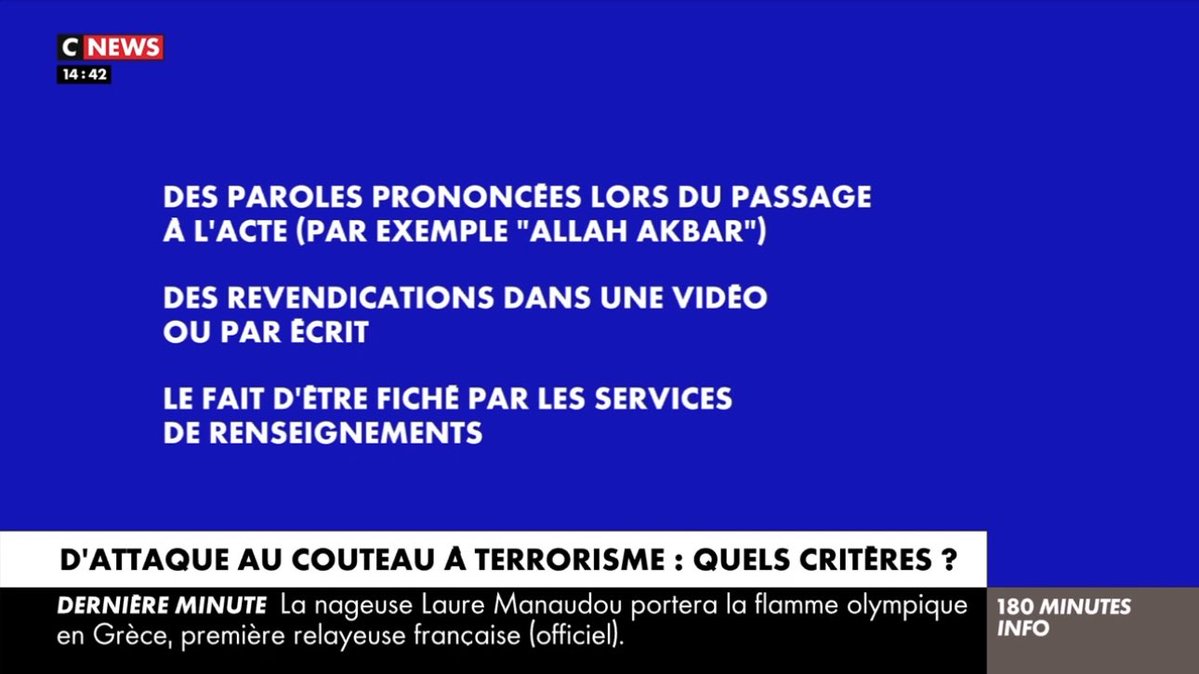 Donc selon les critères de CNEWS les attentats du 11 septembre 2001 ne sont pas terroristes car on ne sait pas ce qu'on dit les terroristes dans l'avion. Comment c'est possible d'être aussi con serieux Je vous invite à faire un signalement à l'arcom arcom.fr/alertez-nous