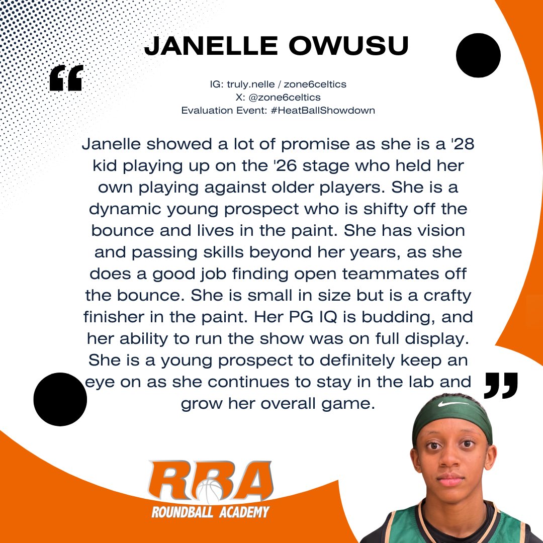 Janelle Owusu (5'5/CG/'28/Zone 6 Celtics '26 Gold) is a young prospect who showed a lot of promise.        #RBANoticeables #RoundballAcademy #RBA #TerryDrakeBasketball #TerryTalks @essencegirlsbb @CGBR27 @BAMAHeatElite @zone6celtics