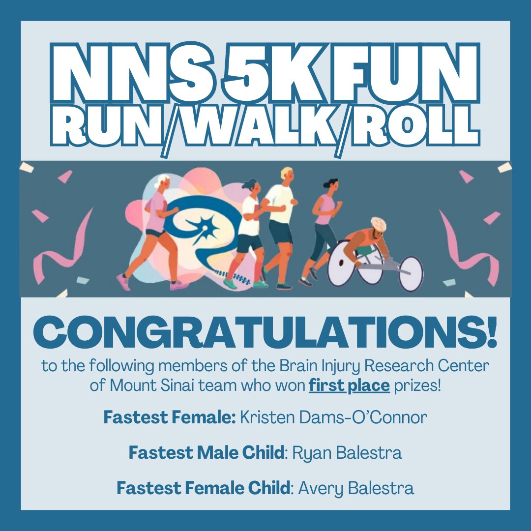 Congratulations to three outstanding members from the Brain Injury Research Center of Mount Sinai team for winning the titles of fastest female, male child, & female child awards in this year's NNS 5K Fun Run! @NNSFunRun supports #TBI and #SCI research and advocacy initiatives 💙