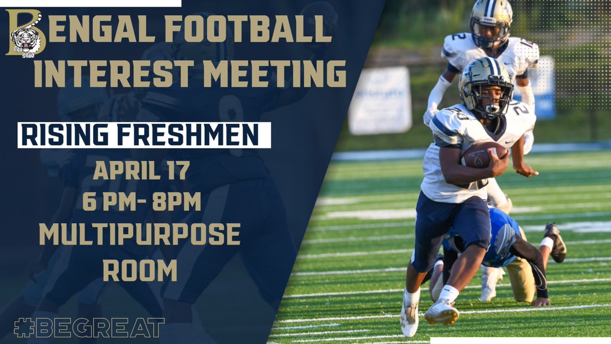 REMINDER: ...2 DAYS.... @BlythewoodHigh Rising 9th Grade Football Interest Meeting 📍Multi-purpose Room ⏰️6PM-8PM 📆 April 17, 2024 @JMMartin59 @1ProudBengal @BH_FBRecruiting @barrymizzell @RichlandTwo @thevoice_paper #BeGreat #OneBengal #WIN #EarnYourstripes #Ambush