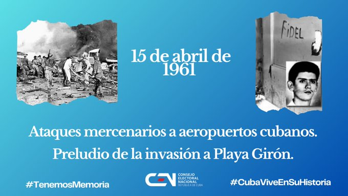 Un dia como hoy en el año 1961, aviones mercenarios bombardearon sorpresivamente los aeropuertos de Ciudad Libertad, San Antonio de los Baños y Santiago de Cuba.
#CubaPaLaCalle 
#CubaViveEnSuHistoria