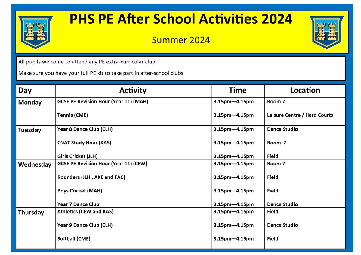 **PE Extra-Curricular Activities**
These are the activites for the Summer Term. All students welcome to the clubs. Make sure you bring kit and meet in PE at the end of the day.
🥎⚾️🏏🎽🏃‍♂️🏃‍♀️