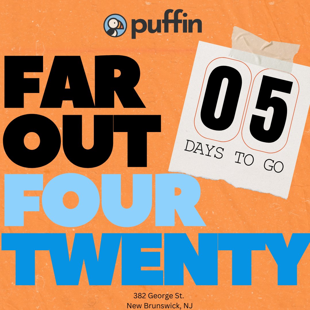 Save the date! 

Only 5 days to go 'til Puffin's FAR OUT FOUR TWENTY bash! ✨ 

🗓️Saturday, April 20th⁠
⏰10AM - 10PM⁠
📍382 George St⁠
     New Brunswick, NJ⁠

Remember, you must be 21+ to get groovy on George St.  

#PuffinStoreNJ #FarOut420 #NewBrunswickNJ