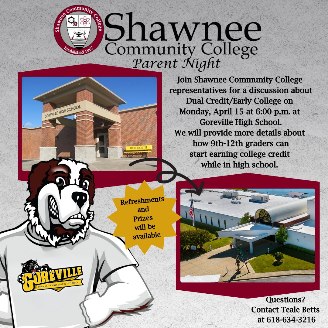Goreville High School, we're coming your way this evening. Families, join us for Parent Night. Our team will be there to answer your questions about dual credit/early college, financial aid, career services, and more. #WeAreShawnee