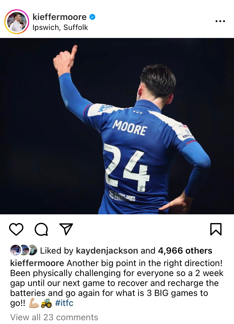 This post from big Kieffer Moore speaks volumes. I think the break comes at just the right time to be honest. Hope the players have properly got their feet up as we speak! #itfc