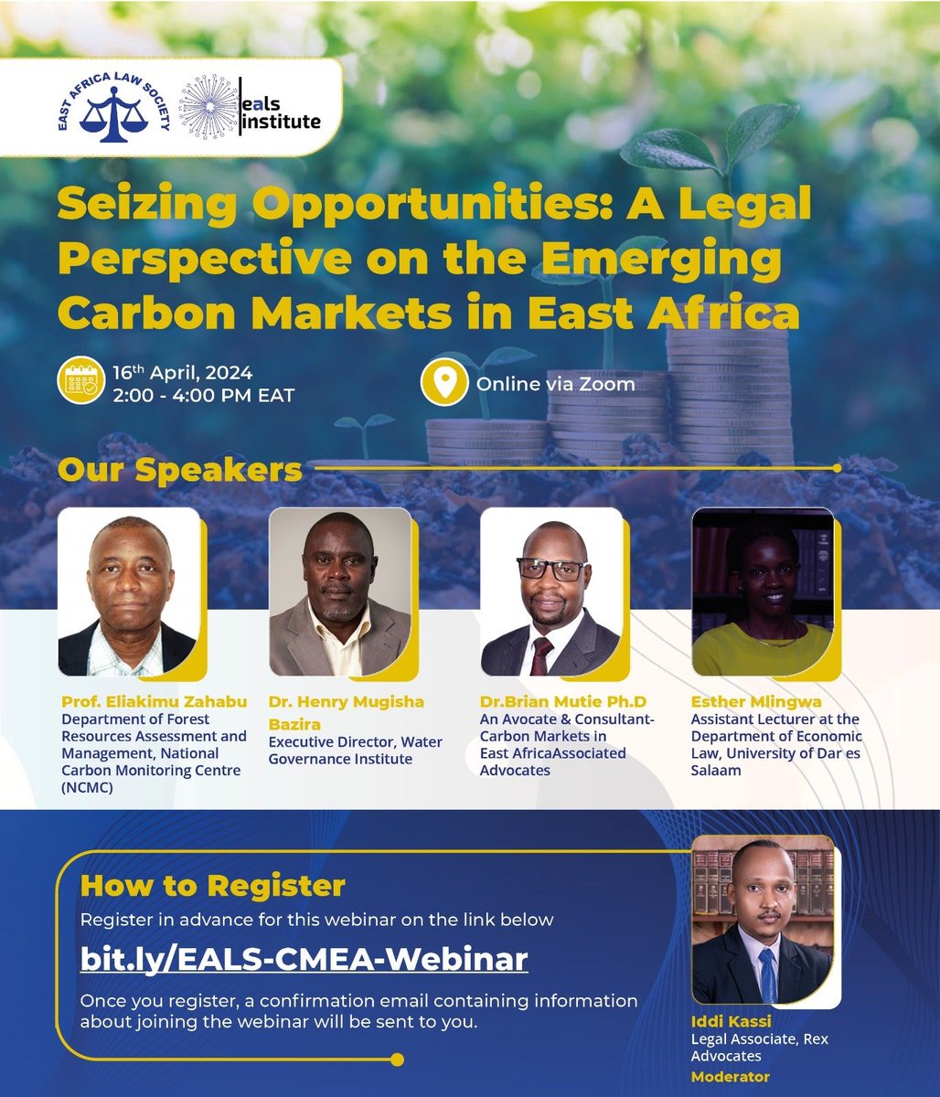 Join in tomorrow as our ED contributes to the conversation at the specialized seminar for East African professionals. Elevate your understanding of #CarbonMarkets and seize opportunities in the legal field. Register Here: bit.ly/EALS-CMEA-Webi… #SkillsDevelopment