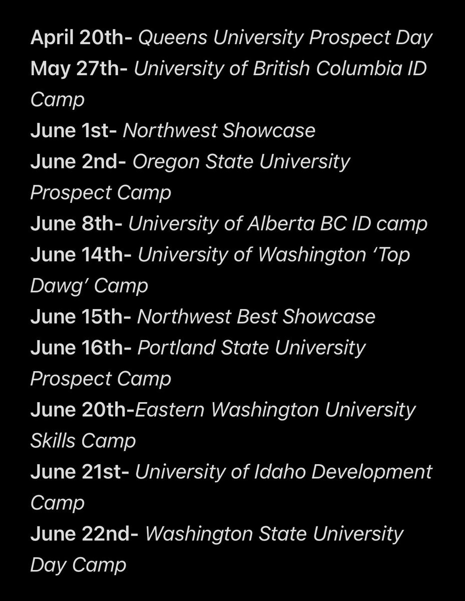 I will be competing at the following camps as a LB this offseason!

Cant wait to showcase my skills!

<a href="/SteveSnyderQ/">Steve Snyder</a> <a href="/Queens_Football/">Queen's Football</a> <a href="/ShoWill33/">Shomari Williams</a> <a href="/CoachNill/">Blake Nill</a> <a href="/ubcfbl/">UBC Football</a> <a href="/THENWSHOWCASE/">Northwest Showcase</a> 
@UACoachMorris <a href="/UABearsFootball/">University of Alberta Football</a> <a href="/nwbestshowcase_/">NW BEST</a>