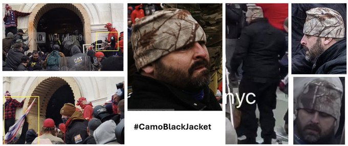 Do you know #CamoBlackJacket? On #Jan6 he is observed throwing at least 7 items at officers inside the tunnel on the west terrace. To see them all visit seditionhunters.org/camoblackjacke……… If you know him, the FBI would like to hear from you and so would we! #Justice4J6 #WhyWeDoWhatWeDo