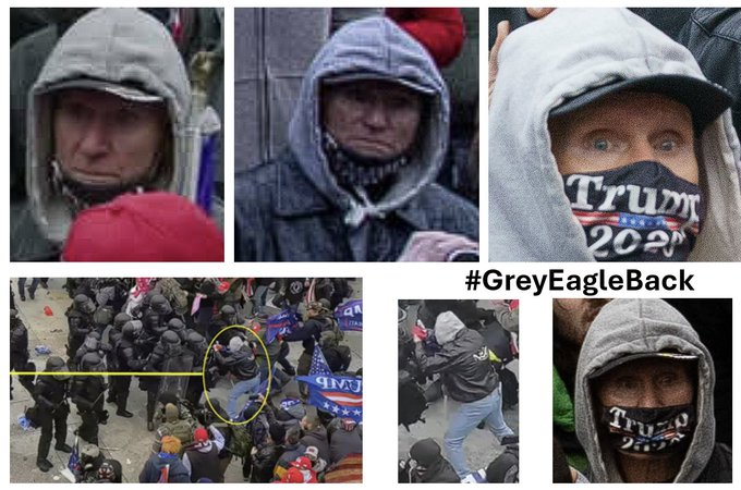 Before crawling through the window and entering the Capitol on #Jan6 #GreyEagleBack appears to have assaulted an officer on the West Plaza If you can identify him, the FBI would like to hear from you and so would we! #Justice4J6 #WhyWeDoWhatWeDo contact us at