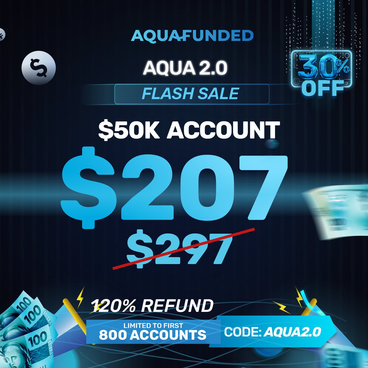 $50k ACCOUNT FOR ONLY $207 🥶 aquafunded.com/?el=x Limited Time SALE! ⏳ Exclusive 30% OFF Discount 💙 120% Refund 💙 90% Profit Split