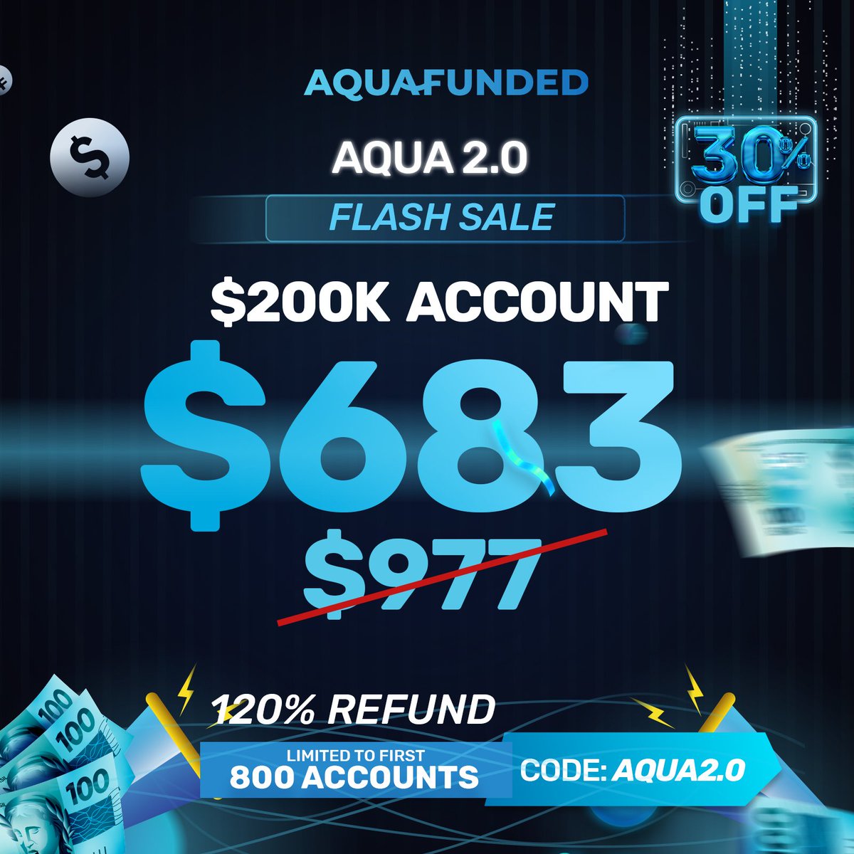 $200k ACCOUNT FOR ONLY $683 🥶 aquafunded.com/?el=x Limited Time SALE! ⏳ Exclusive 30% OFF Discount 💙 120% Refund 💙 90% Profit Split