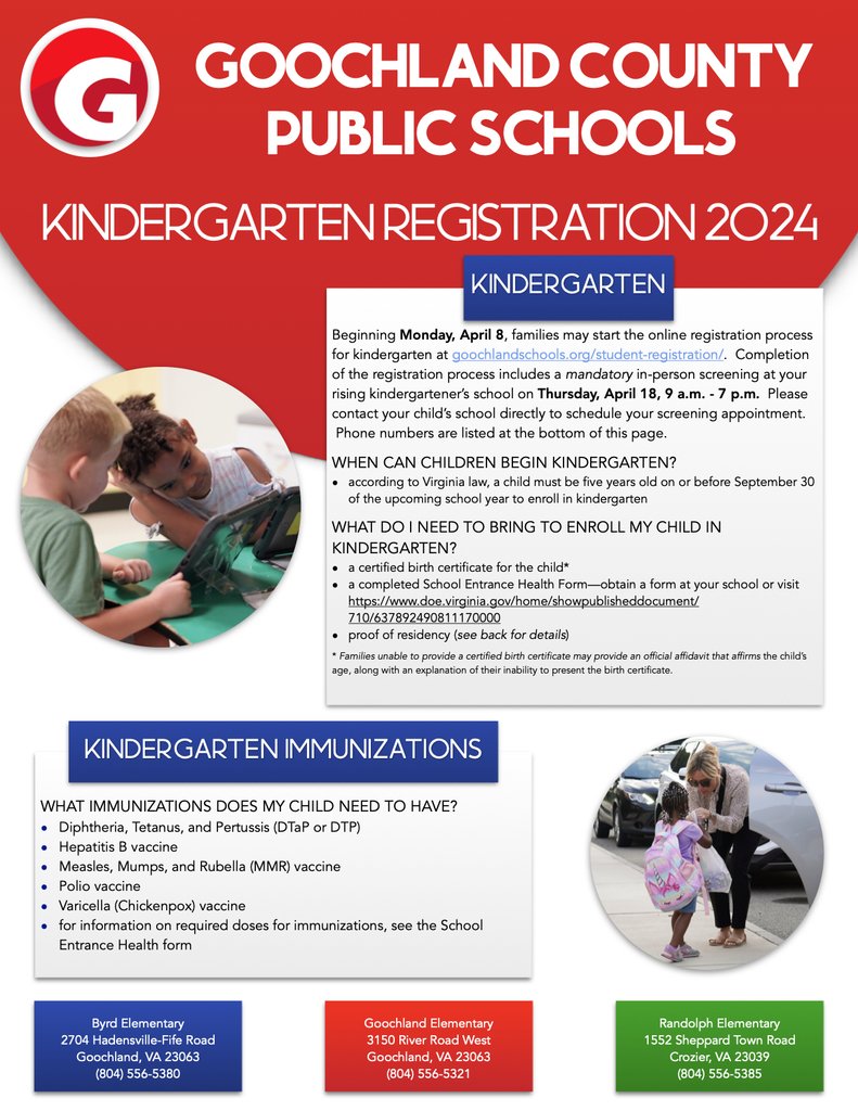 📢 Kindergarten registration for the 2024-2025 school year is now open! 🎉 Click the link below to learn more about the registration process. If you have any questions please contact your child's school. 📚 goochlandschools.org/o/gcps/article…
