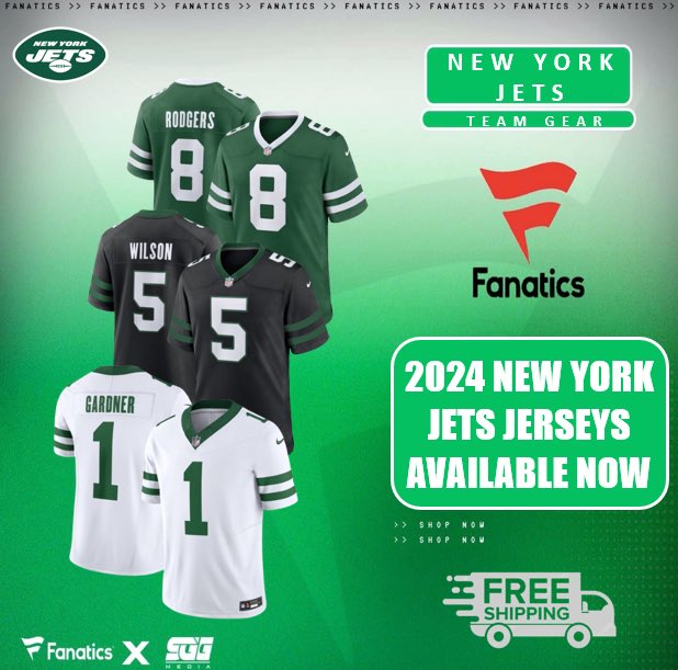 NEW YORK JETS 2024 JERSEYS AVAILABLE NOW, @Fanatics🏆 JETS FANS‼️Be the first to get your 2024 New York Jets jerseys! Purchase today and receive FREE SHIPPING using THIS PROMO LINK: fanatics.93n6tx.net/JETSDEAL 📈 HURRY! SUPPLIES GOING FAST!🤝