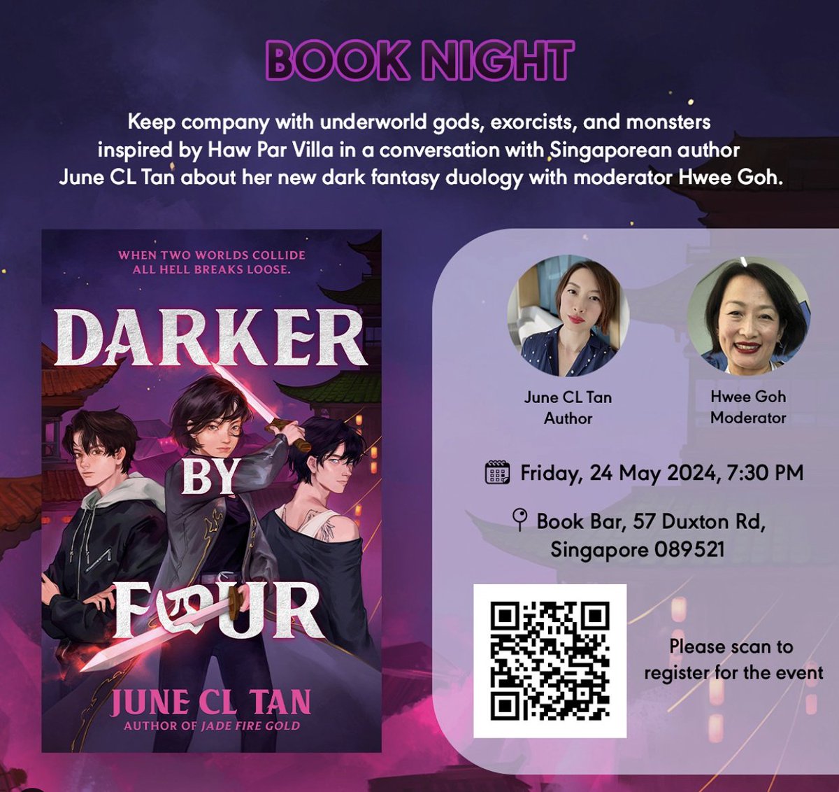 HELLO I'M DOING MY FIRST EVER BOOK EVENT IN MY HOME COUNTRY 😱🥹 Am I going to talk abt how Haw Par Villa traumatized me as a kid & years later I wrote Darker By Four as a weird love letter to it? Yes I am! Join me @ Book Bar on May 24th if you're in SG! darkerbyfour.peatix.com