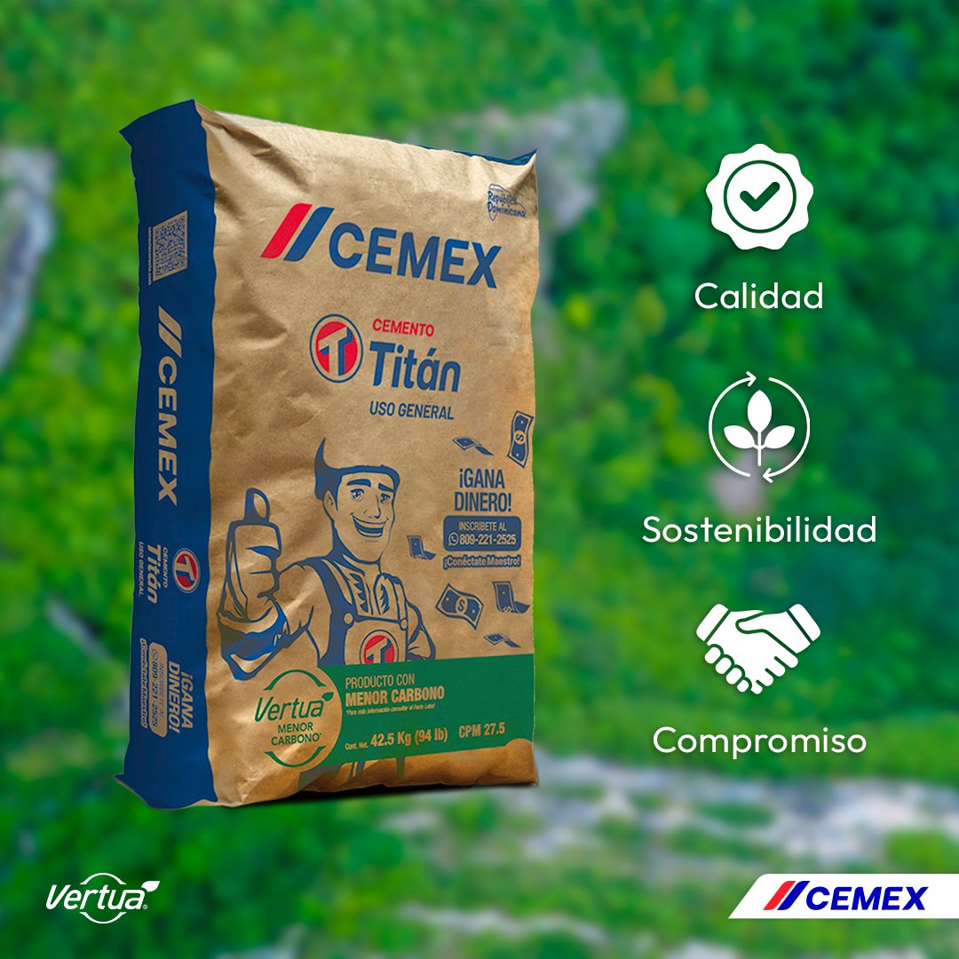 💚 Nuestro compromiso con la sostenibilidad y la innovación nos impulsa a desarrollar productos como Vertua, una solución sostenible para la construcción del mañana con bajas emisiones de CO2. #CemexDominicana #CementoTitánVertua