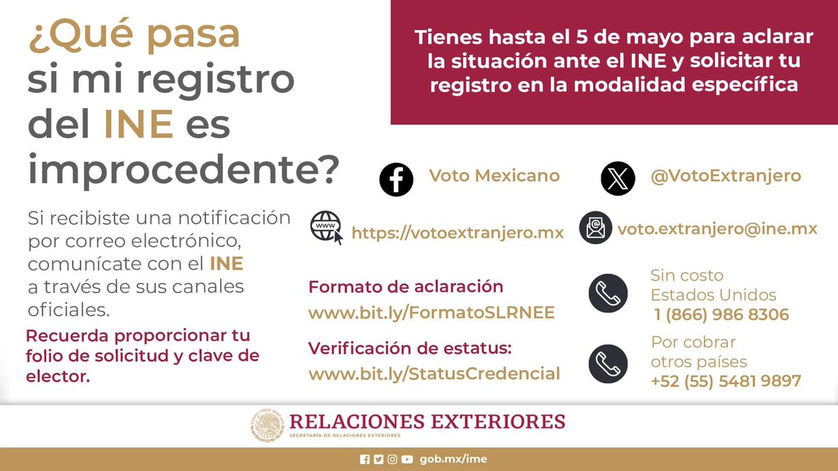 🚨 Atención comunidad mexicana en #Canadá: Si recibiste una notificación de exclusión de la Lista Nominal, tienes hasta el 5 de mayo para solicitar una aclaración. Llama a INETEL: 52 (55) 5481 9897 Conoce más en votoextranjero.mx