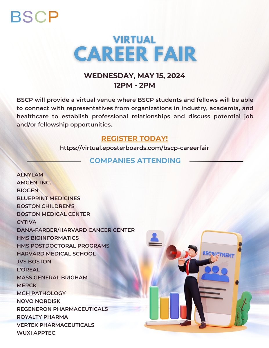 The Virtual Career Fair is only one month away! Register today to attend and explore over 20 virtual booths with career opportunities in research, science, medicine, postdoc opportunities, and more. 
virtual.eposterboards.com/bscp-careerfair