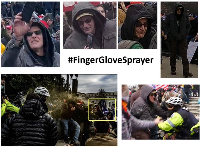 SeditionHunters's tweet photo. Do you know #FingerGloveSprayer? On #Jan6 he is observed using a chemical spray and assaulting officers on the West Plaza. If you know him, the FBI would like to hear from you and so would we! #Justice4J6 #WhyWeDoWhatWeDocontact us at admin@seditionhunters.org #SeditionSprayers #NoBOLO