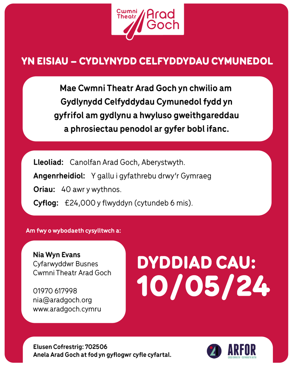 💥 CYFLE: SWYDD 💥 Mae Arad Goch yn edrych am Gydlynydd Celfyddydau Cymunedol! Cysylltwch a Nia Wyn Evans am fwy o wybodaeth.