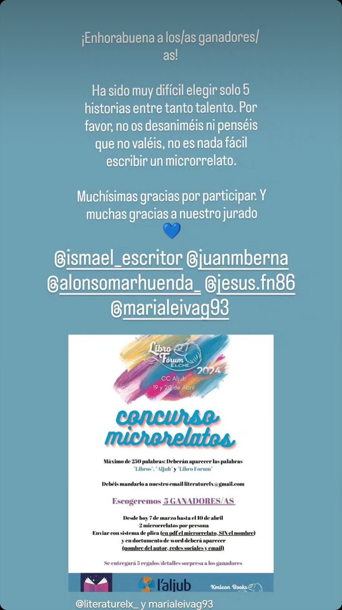 AlonMZ's tweet image. Hoy el jurado de microrrelatos del #LibroForumElche2 a dado a conocer a los 5 ganadores!! Enhorabuena!!! @la_orden_de_los_cazadores @serenasvi @davidcolomagarcia @LaraLox_  @vicentechulvi.escritor
#YoVoyAlLibroForumElche
