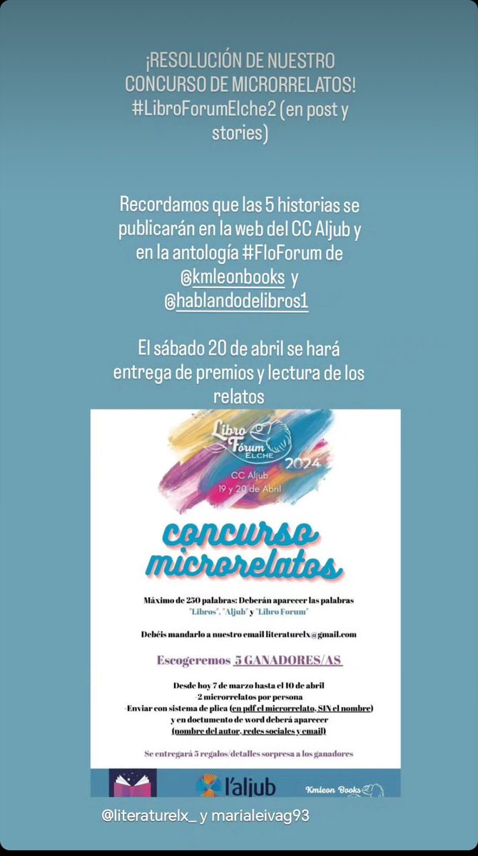 AlonMZ's tweet image. Hoy el jurado de microrrelatos del #LibroForumElche2 a dado a conocer a los 5 ganadores!! Enhorabuena!!! @la_orden_de_los_cazadores @serenasvi @davidcolomagarcia @LaraLox_  @vicentechulvi.escritor
#YoVoyAlLibroForumElche
