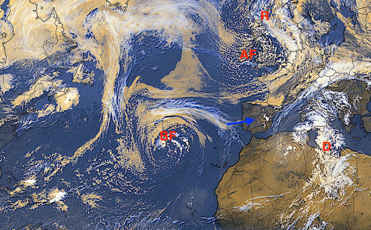 La débil vaguada que atraviesa la Península, el calentamiento diurno y la orografía dan lugar a convección y algunas tormentas en zonas montañosas de la mitad oriental. Al norte de las Islas Británicas aparece la borrasca 'Renata' (R). Contínua en ALT