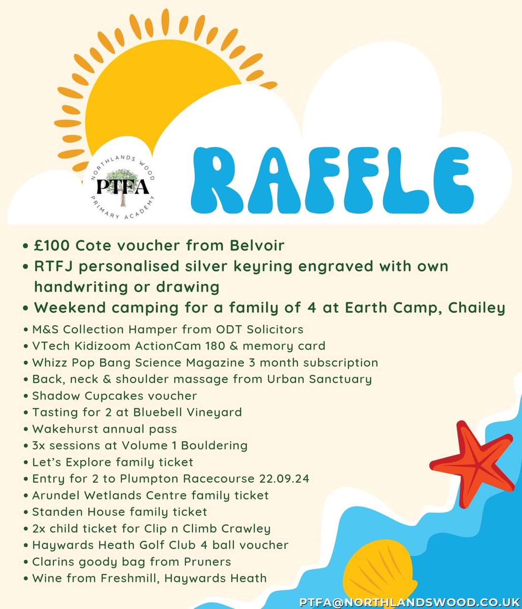 MAY FAYRE RAFFLE TICKETS will be coming home in book bags this week… Please complete and return with money by Friday 10th May at 3pm Please return any unused tickets as we're often asked if people can purchase more books in the run up to the fayre @Northlandstweet