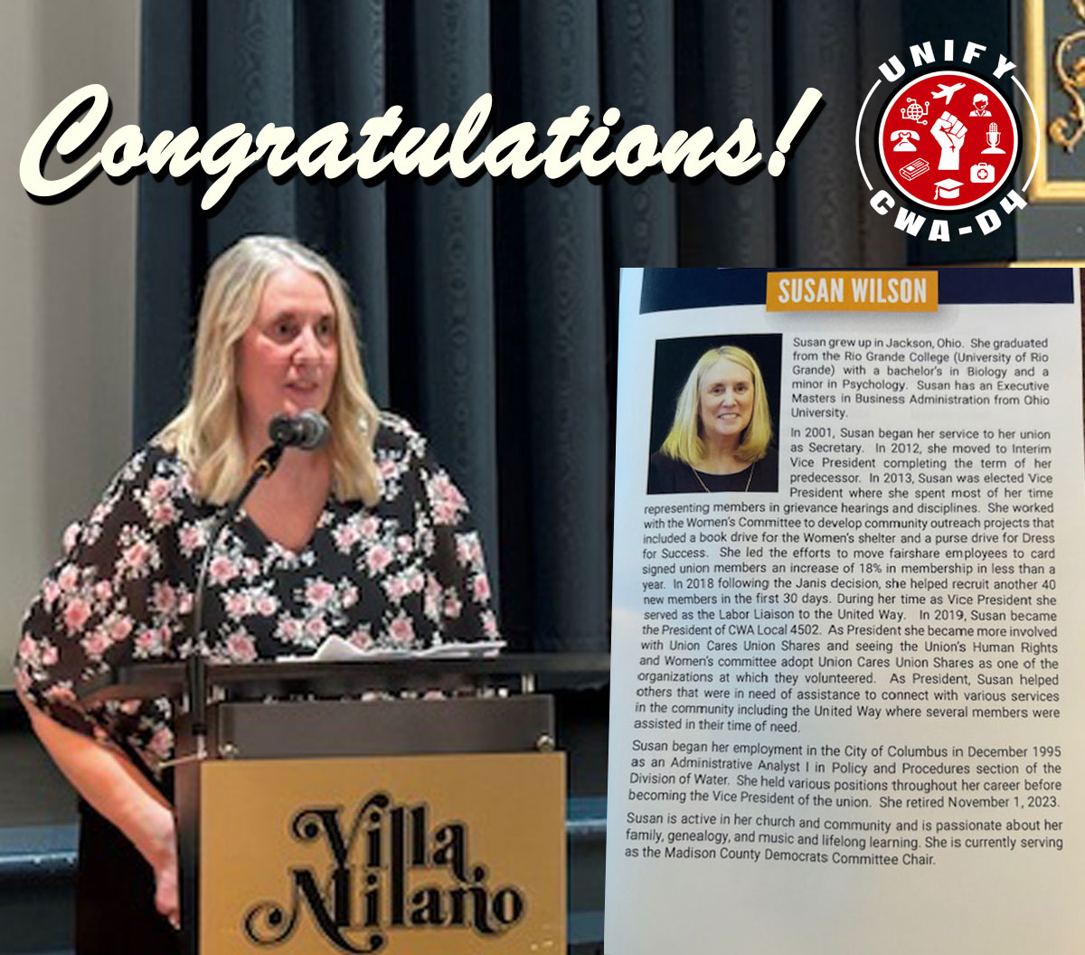 Congratulations to Susan Wilson on receiving the George Meany Award for all your hard work in supporting and fighting for the labor movement. Your tireless commitment to helping workers is an inspiration to us all. #CWAStrong