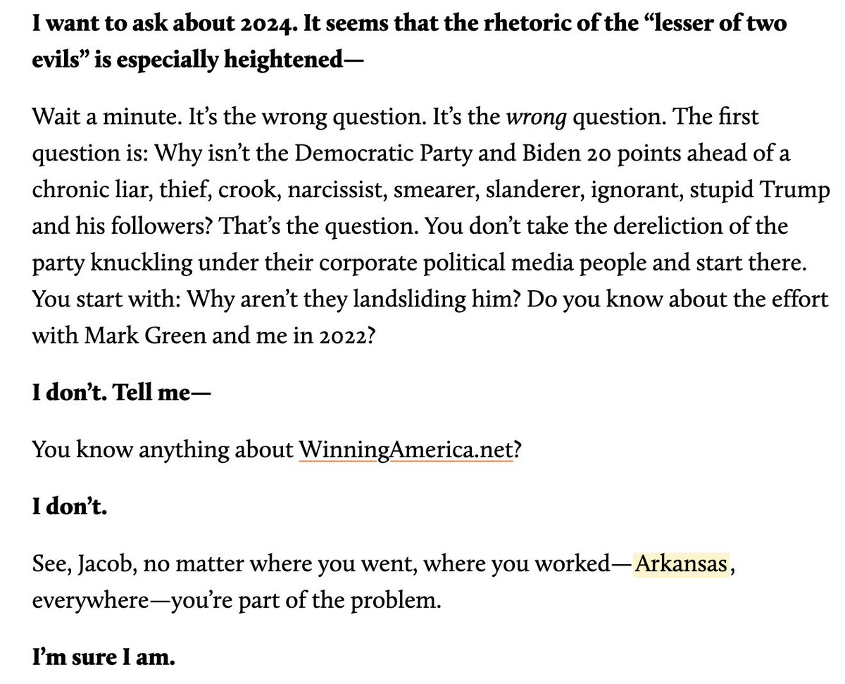 we got Ralph Nader on the line for our third party package: motherjones.com/politics/2024/… a polarizing figure, but he correctly diagnoses the two big problems in american politics—'money' and '@jrrosenb':