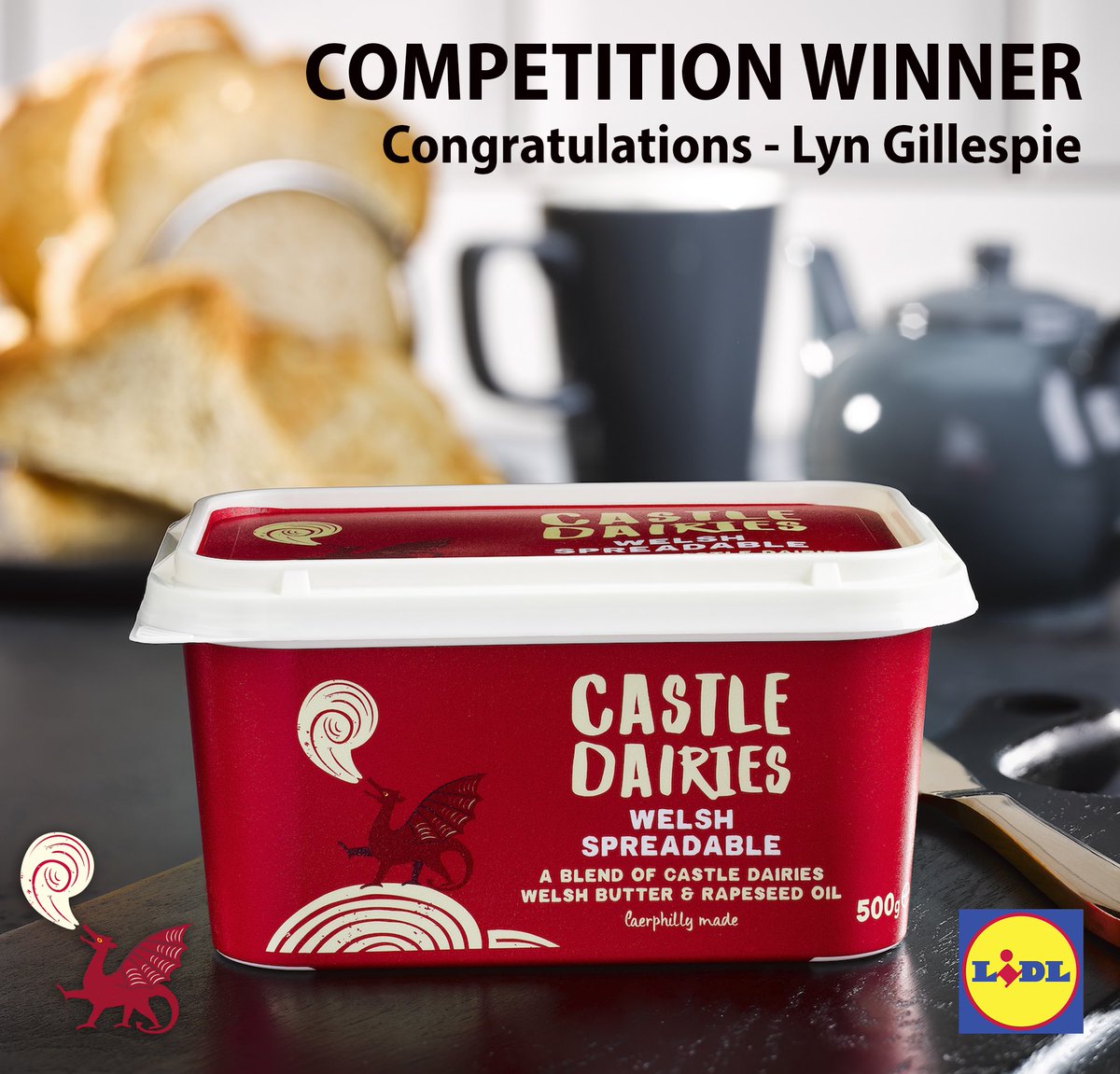 🤩CONGRATULATIONS - Lyn Gillespie Winner of our @lidlgb North competition. Please DM us your address & we’ll pop a butter pack in the post to you shortly. Many thanks to everyone who entered. Please stay tuned for our next GIVEAWAY coming soon… #castledairies #dairy #winner