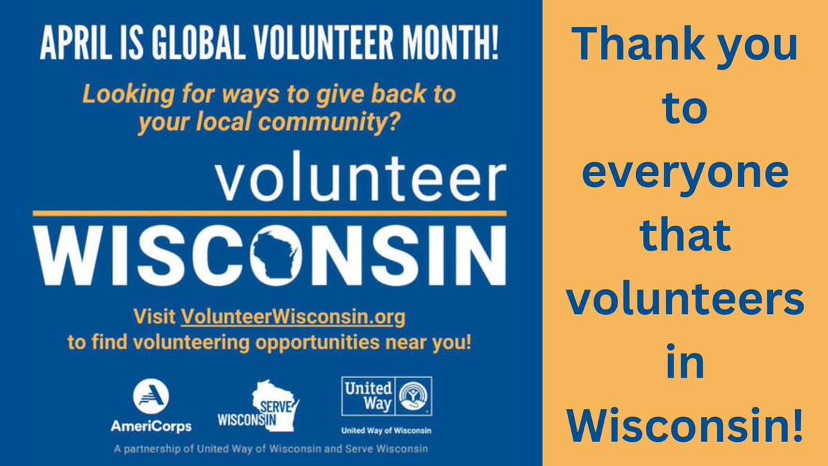 April is Global Volunteer Month!

If you are looking for ways to give back & volunteer, visit Volunteer Wisconsin website at volunteerwisconsin.org to find volunteer opportunities near you.

Thank you to everyone whose #ServiceinWI improves lives & communities across our state!