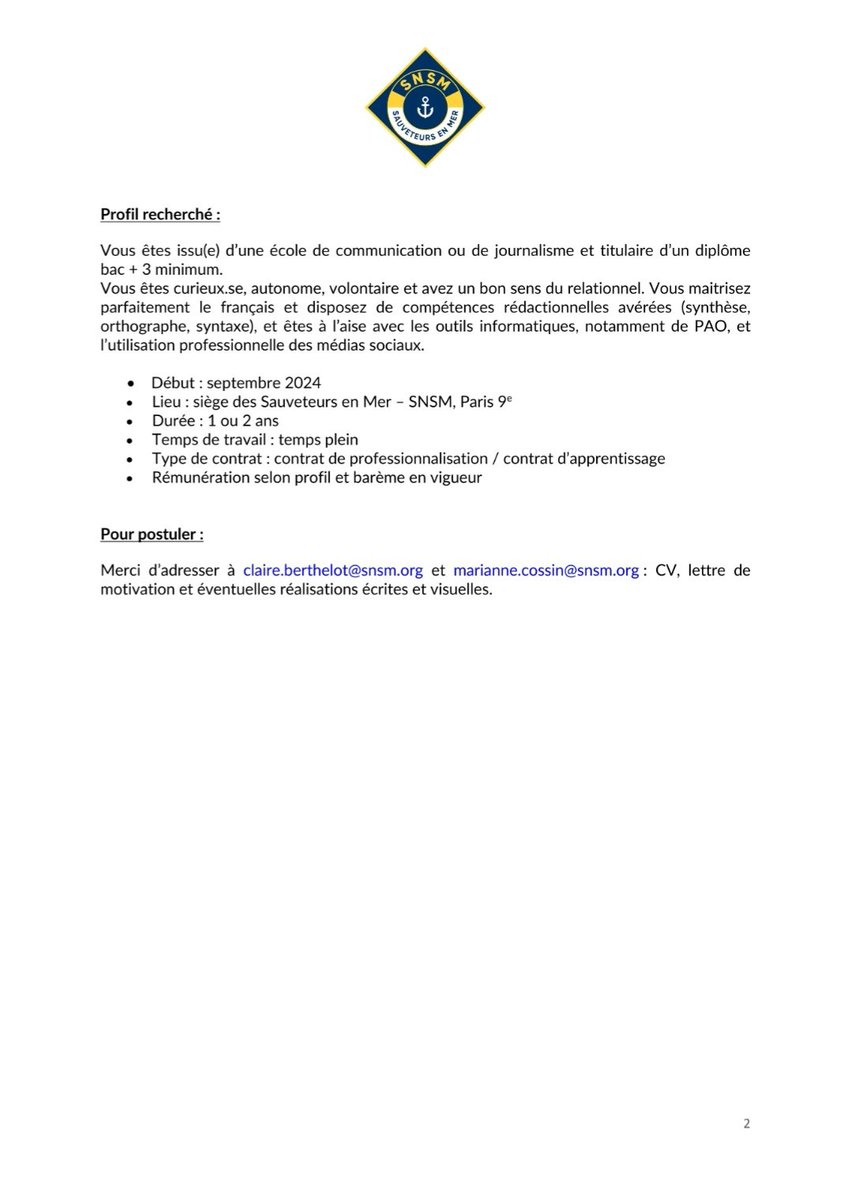 📢  Avec <a href="/MarianneCossin/">Marianne Cossin</a>, nous recherchons pour septembre notre futur #alternant en #RP et #communication #digitale pour travailler chez les <a href="/SauveteursenMer/">SNSM</a> #SNSM 🌊⛑️
Retrouvez la fiche de poste et les coordonnées pour envoyer vos candidatures 👇