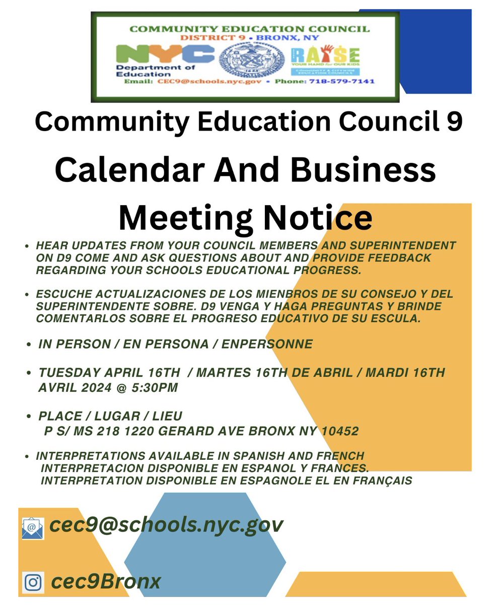 D9 CEC Meeting tomorrow at PS218 at 5:30PM! See you there! #ComeHometoDistrict9 @cec9bronx