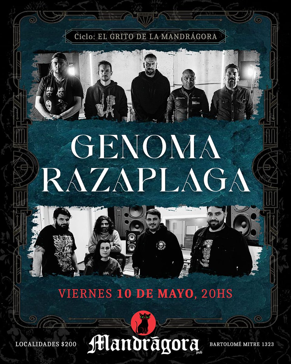 Estreno ciclo "El grito de la Mandrágora"
Una noche de viernes, dos bandas.
Lanzamiento: 10 de mayo, 20hs.
 Genoma y Razaplaga (Maldonado)
Produce Mandragora Pub
Localidades en puerta $200
Mandrágora Casa Cultural, Bartolomé Mitre 1323
Ciudad Vieja, Montevideo