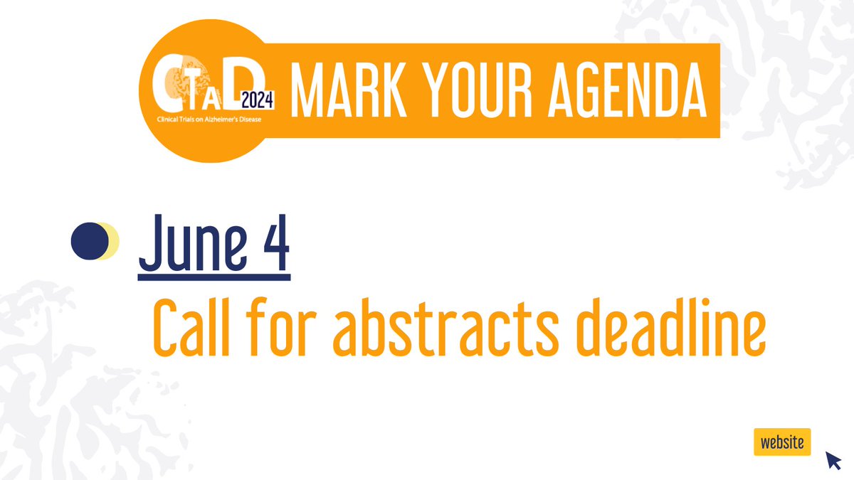 Do not miss the chance to present your work on Alzheimer’s Disease Clinical Trials in Madrid! Discover our different submission categories and topics. Deadline to submit: June 4, 2024 ctad-alzheimer.com/call-abstracts… #Alzheimers #research #therapeutics #drugdevelopment