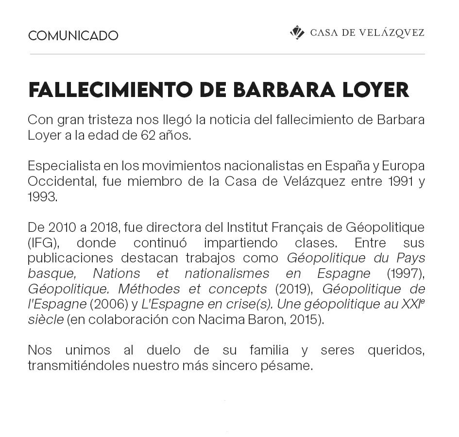 C’est avec une grande tristesse que nous avons appris la disparition de Barbara Loyer. Directrice de l'@IFGeopolitique de 2010 à 2018, elle avait été membre de la Casa de Velázquez de 1991 à 1993. Nos pensées vont à sa famille et à ses proches.