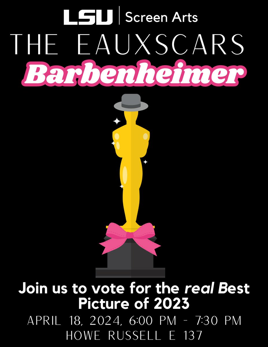 LSUScreenArts's tweet image. There are still presenter spots still available for the Eauxscars this Thursday! Email  screenartscoord@lsu.edu for more information or to sign up. #geauxSCRN