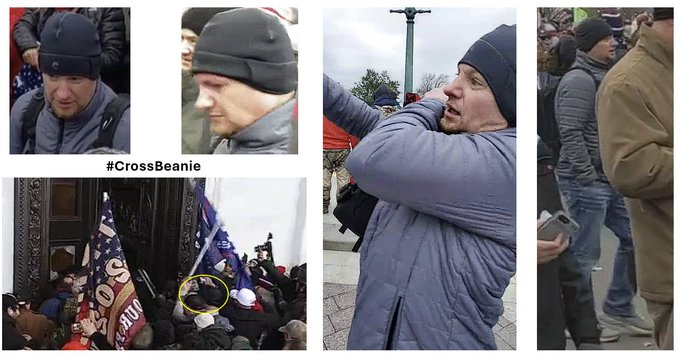 Before being #NotLetIn to the Capitol #CrossBeanie assaulted officers multiple times with a flag pole at the Columbus door. If you know him, the FBI would like to hear from you and so would we! #Justice4J6 #WhyWeDoWhatWeDocontact us at admin@seditionhunters.org #NoBOLO