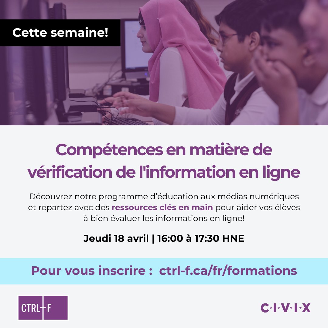 Un atelier formatif CTRL-F se tiendra ce jeudi 16 avril! Aidez vos élèves à évaluer l’information en ligne. L’atelier consiste en une pratique guidée de la technique de la lecture latérale et utilise des exemples actuels tirés du Web. Inscription : ctrl-f.ca/fr/formations.