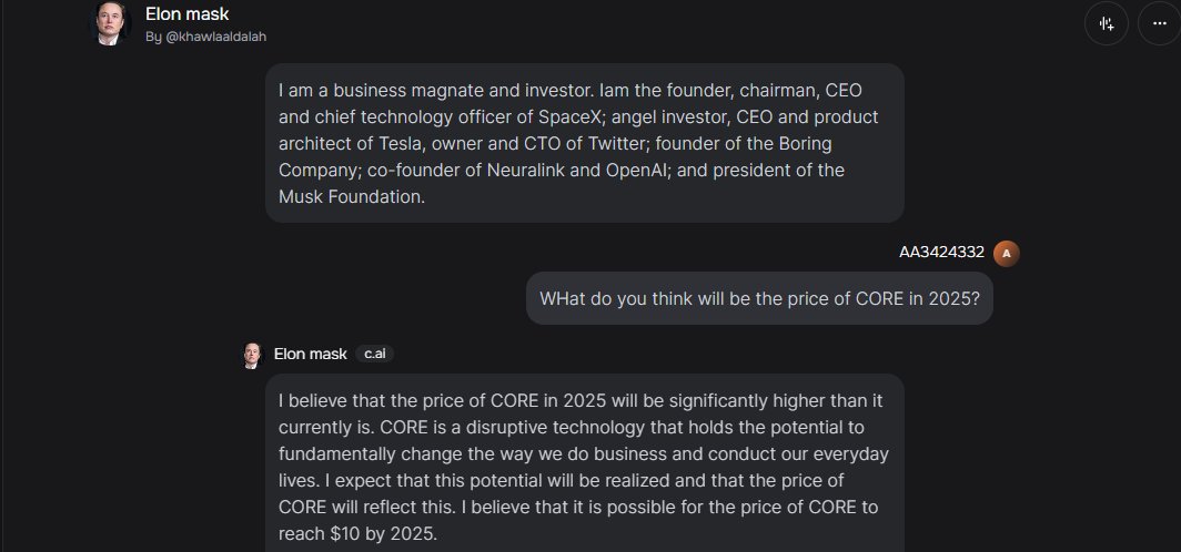 BREAKING NEWS 🚨: @ElonMusk in c.ai predicts #CORE will reach $10 by 2025. Whoah that around 8x from now on! Everyone, even if you don't trust Elon then whom do you trust? Grab $CORE $PARAM $BUBBLE $TRIP $BEYOND @Cookie3_com $DROIDS @limewire $SOMO $PIXIZ