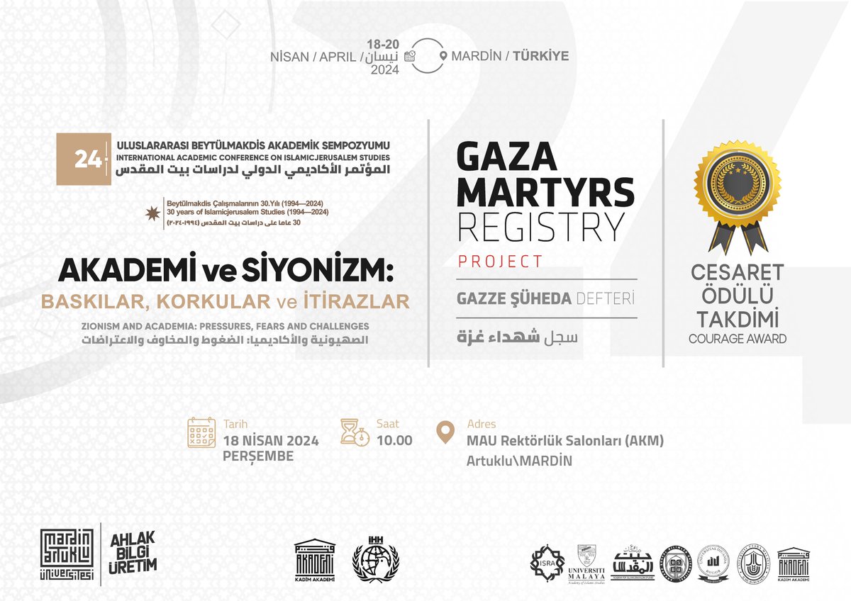 mardinartuklu's tweet photo. İlimizde @TBMMresmi Başkanı @NumanKurtulmus katılımıyla düzenlenecek Uluslararası Beytülmakdis Akademik Sempozyumunda Gazze Şüheda Defteri Projemiz tanıtılacak ve siyonist baskılara karşı çıkan ulusiçi/ulusdışı akademisyenlere 🏅Cesaret Ödülü verilecek.
@erolozvar
@ibrahimozcosar https://t.co/YNwYRxH7os