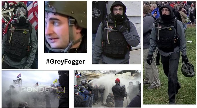 Prior to entering the Capitol #GreyFogger used a fire extinguisher to spray officers on the West Plaza. #DoYouKnow this man?? If you know him, the FBI would like to hear from you and so would we! #Justice4J6 #WhyWeDoWhatWeDo contact us at admin@seditionhunters.org