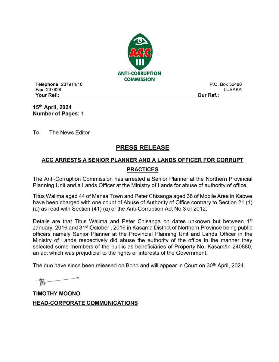 ACC ARRESTS A SENIOR PLANNER AND A LANDS OFFICER FOR CORRUPT PRACTICES The Anti-Corruption Commission has arrested a Senior Planner at the Northern Provincial Planning Unit and a Lands Officer at the Ministry of Lands for abuse of authority of office.