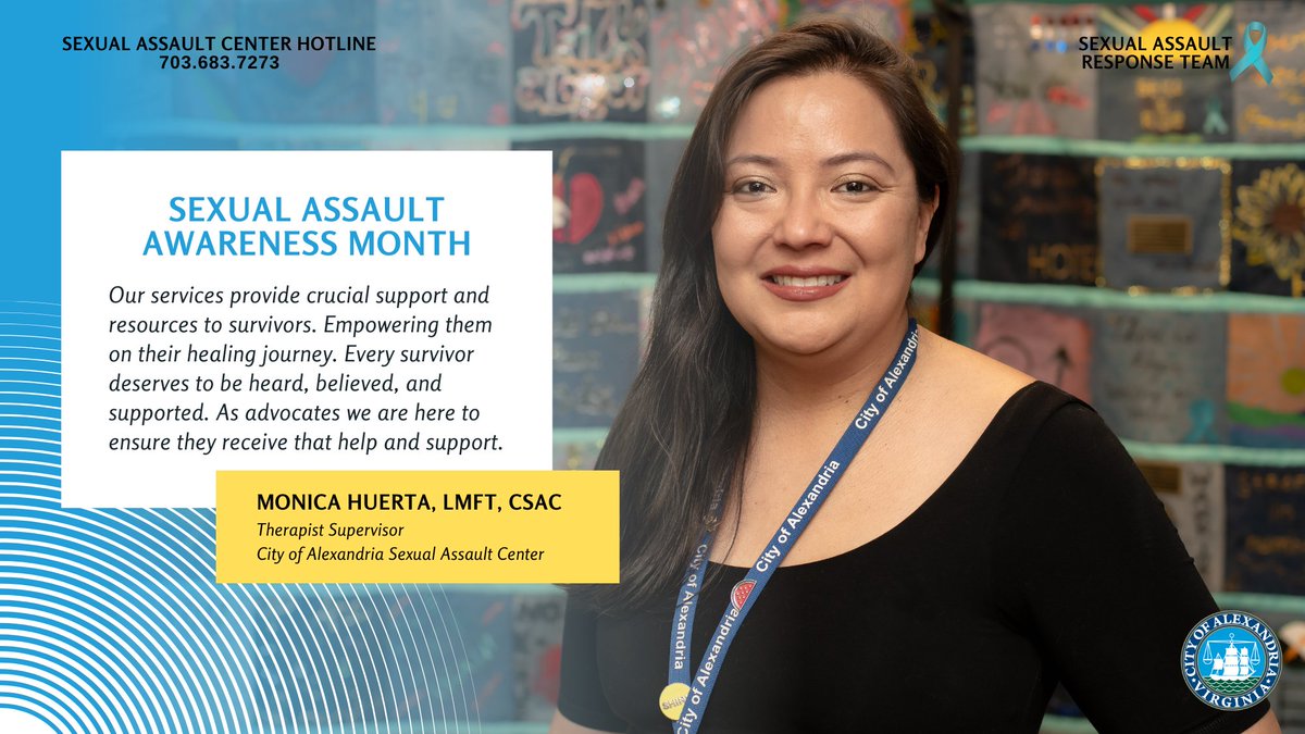 It’s Sexual Assault Awareness Month.  Meet members of the City’s Sexual Assault Response Team throughout April! For information about resources available to victims of sexual assault visit: alexandriava.gov/go/2400

In partnership with: <a href="/AlexandriasKids/">Center for Alexandria's Children</a> <a href="/AlexandriaVAPD/">Alexandria Police</a> <a href="/InovaFACT/">InovaEwingFACT</a>